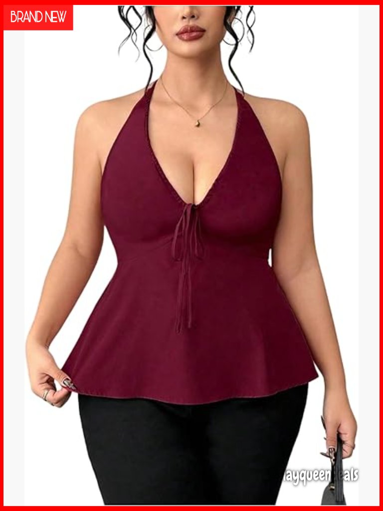 Plus Size Peplum Halter Top Tie Front V Neck Sleeveless Ruffle Going Out Top